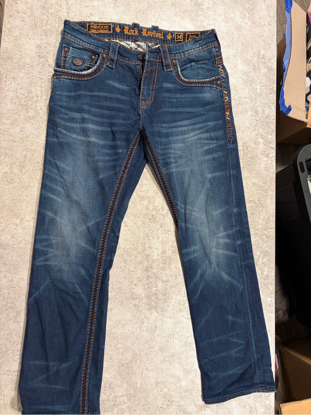 Rock Revival Jamel Men’s Jeans Size 30 Blue Fleur De Lis Embroidered Flap Pocket